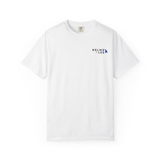 White t-shirt with a helms a lee logo